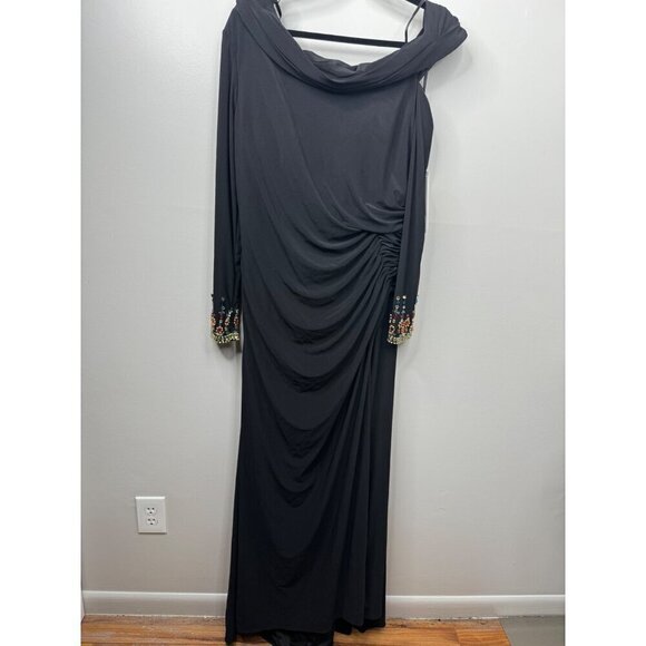 MAC DUGGAL Maxi Gown Dress Black Beaded Cuff Off Shoulder Jersey Stretch Size 16 - Picture 5 of 8
